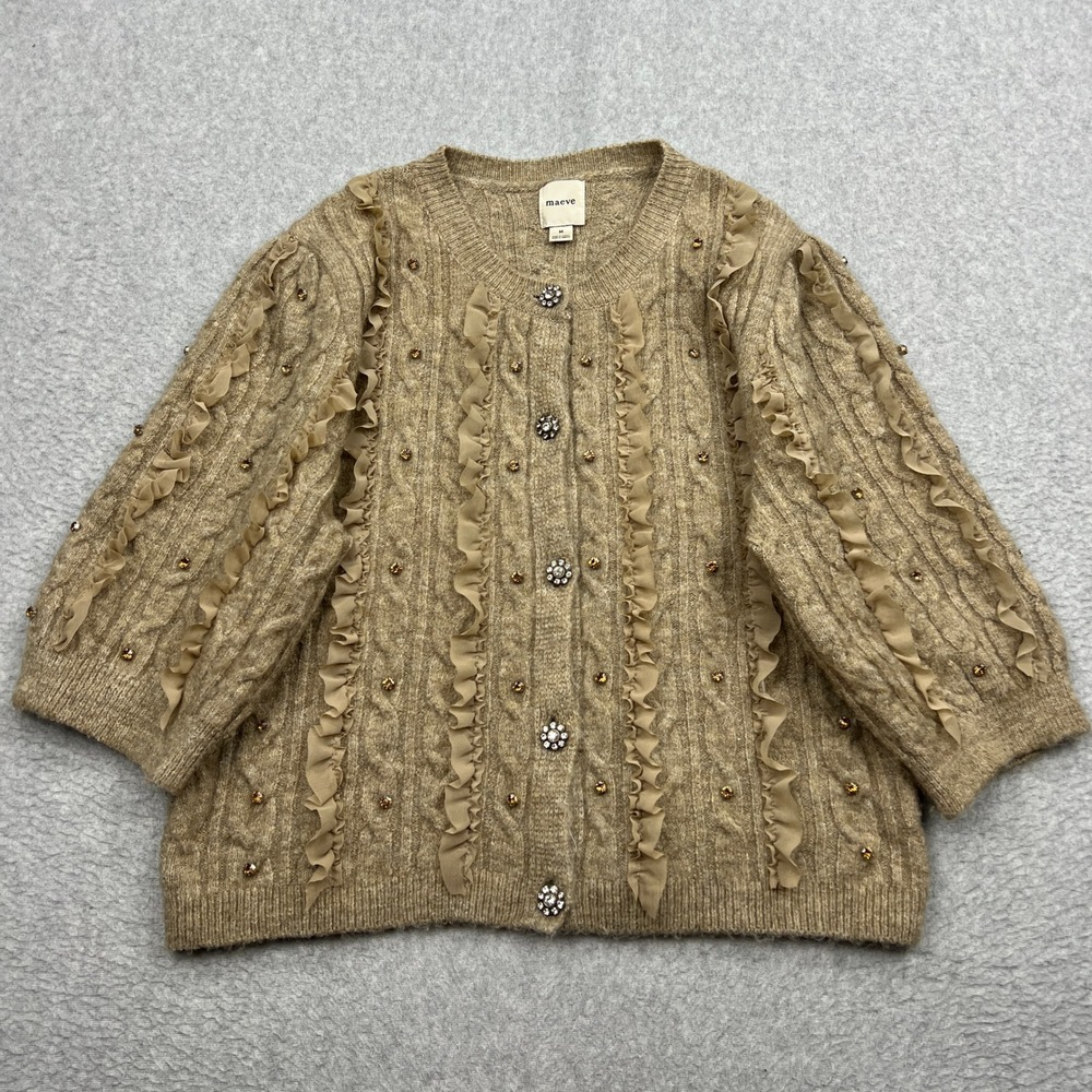 Maeve Ruffle Embellished Cardigan Women's Medium Tan Short Sleeve Cable Sweater